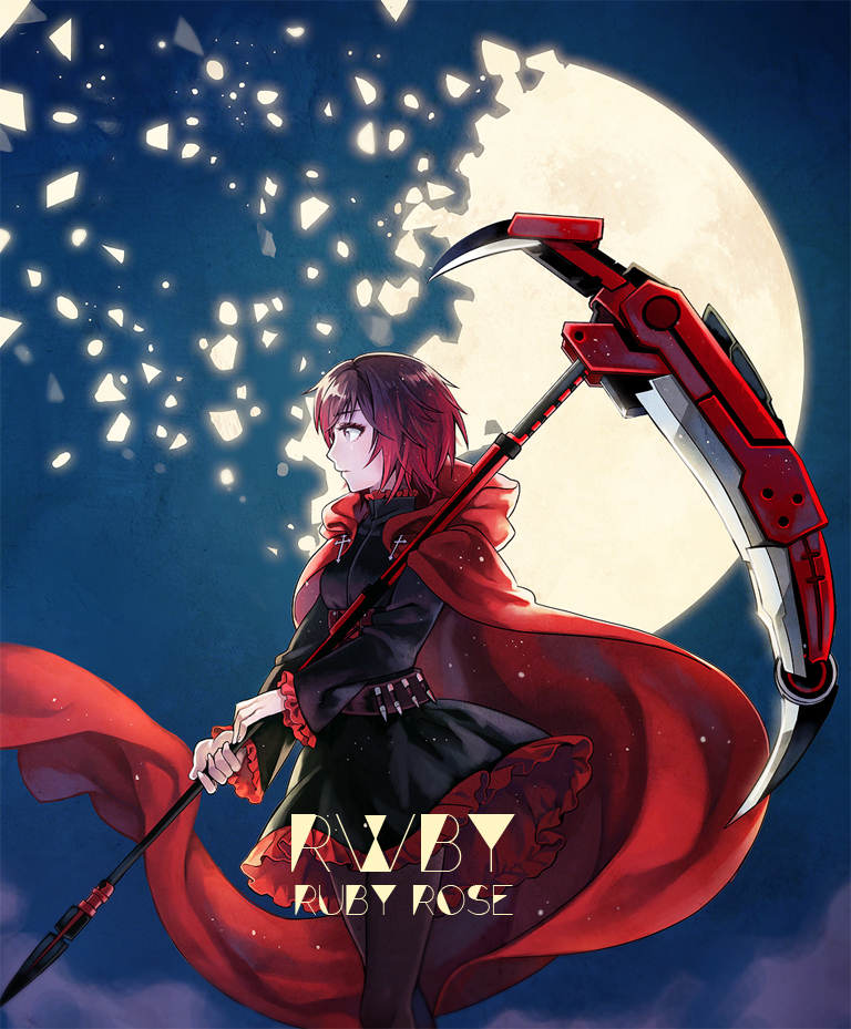 0910popo, 1girl, bandolier, black_hair, bullet, cape, cartridge, character_name, copyright_name, cross, dress, english, frilled_dress, frills, gradient_hair, half_moon, looking_away, mist, moon, multicolored_hair, pantyhose, profile, redhead, ruby_rose, rwby, scythe, short_hair, snowing, solo, two-tone_hair, weapon