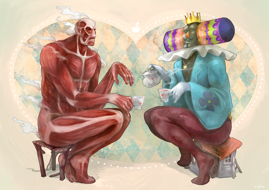 alexiussana, beard, colossal_titan, crown, cup, facial_hair, giant, house, katamari_damacy, king_of_all_cosmos, monster, muscle, shingeki_no_kyojin, stool, teacup, teapot