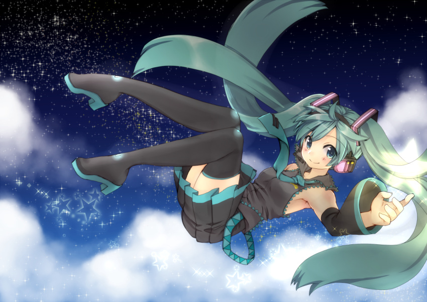 1girl, black_legwear, blush, boots, detached_sleeves, green_eyes, green_hair, hatsune_miku