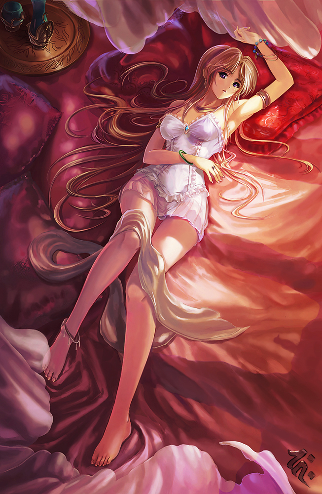 1girl, 3x3_eyes, arm_up, bed, blonde_hair, breasts, camisole, character_request