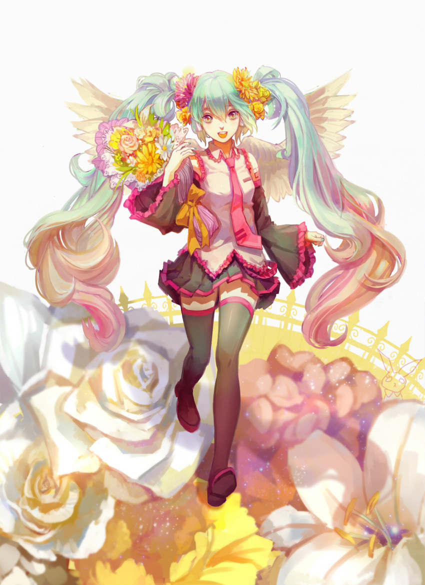 1girl, alternate_color, aqua_eyes, aqua_hair, detached_sleeves, flower, hatsune_miku, highres