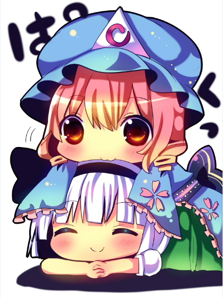 2girls, :3, biting, blue_dress, blush, brown_eyes, chibi, chocolat_(momoiro_piano)