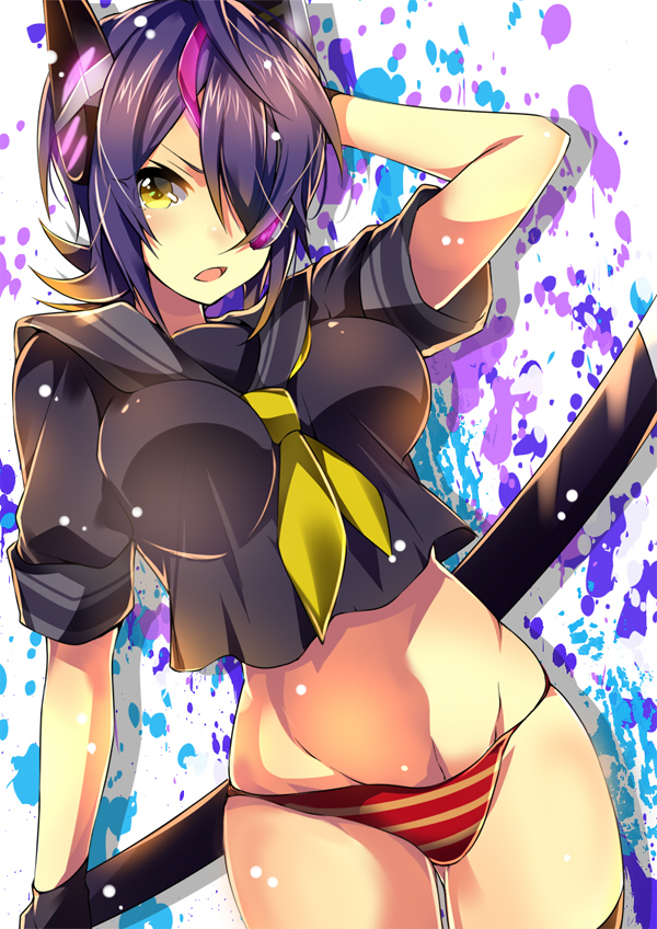 1girl, akishima_kei, black_hair, breasts, hair_over_one_eye, hand_behind_head, headphones, kantai_collection