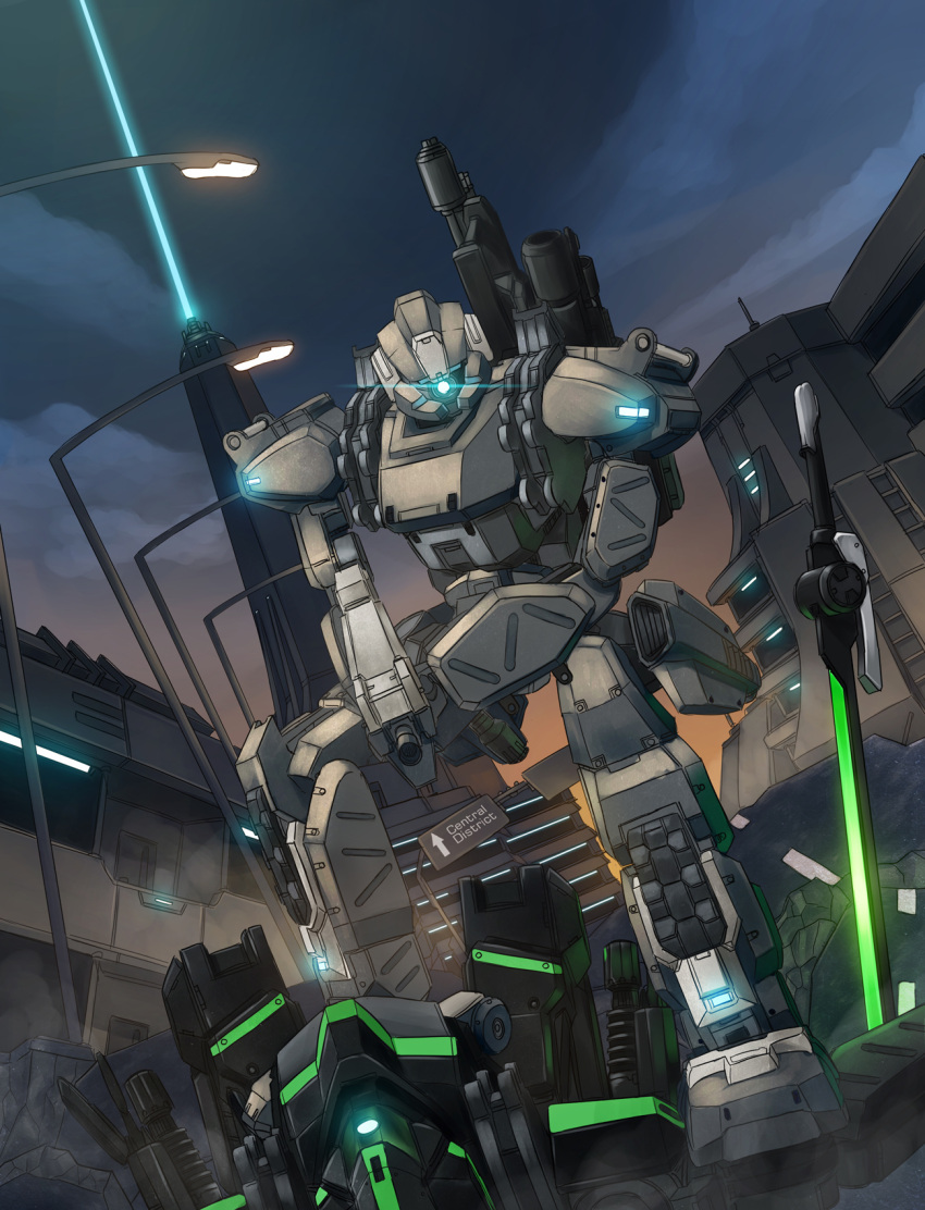 border_break, gun, highres, intelman, mecha, night, no_humans, science_fiction, sky, sword, tower, weapon