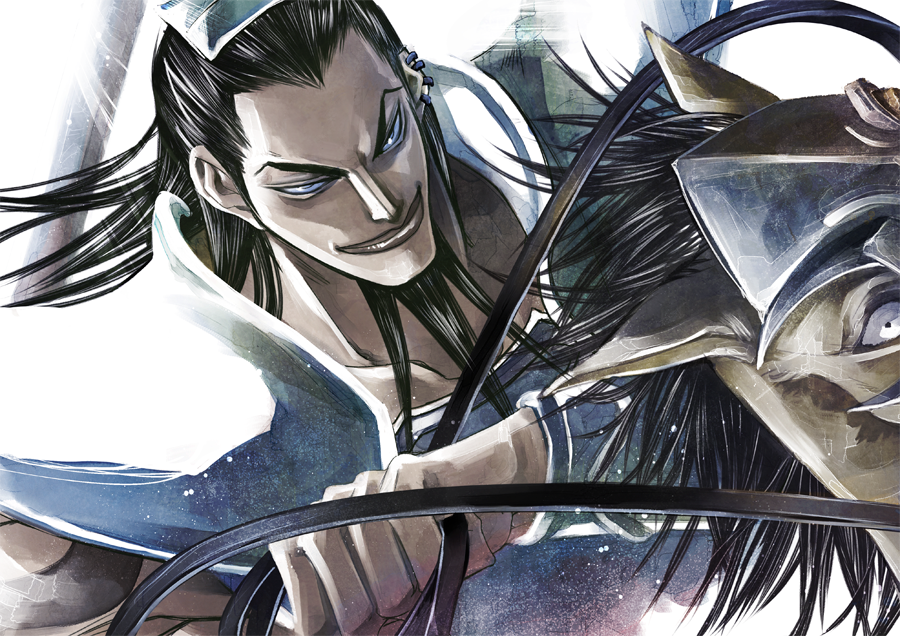 1boy, armor, beard, black_hair, facial_hair, gauntlets, horse, kingdom, long_hair, ouki_(kingdom), renka_(sonatalove2)