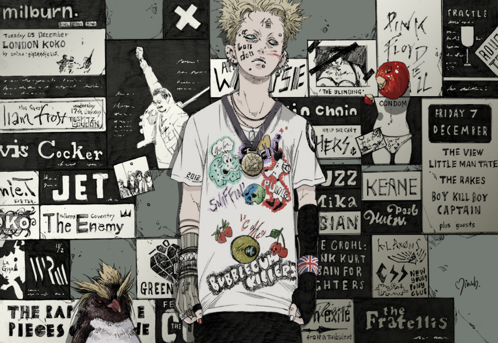 1boy, animal, apple, bird, blonde_hair, blue_eyes, bracelet, cherry, dog_tags, english, fingerless_gloves, food, freddie_mercury, fruit, gloves, jewelry, looking_away, makkamu, medal, multiple_earrings, nail_polish, necklace, no_eyebrows, original, penguin, piercing, pink_floyd, pink_floyd_the_wall, poster, signature, studded_bracelet, t-shirt, union_jack