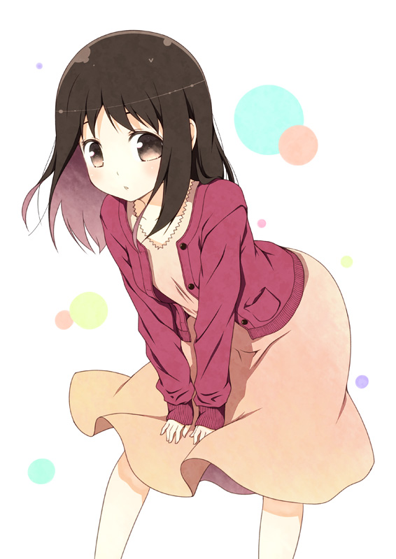 1girl, azumanga_daioh, blush, brown_eyes, brown_hair, casual, dress, jacket, kasuga_ayumu, kouji_(campus_life), leaning_forward, long_hair, solo, v_arms
