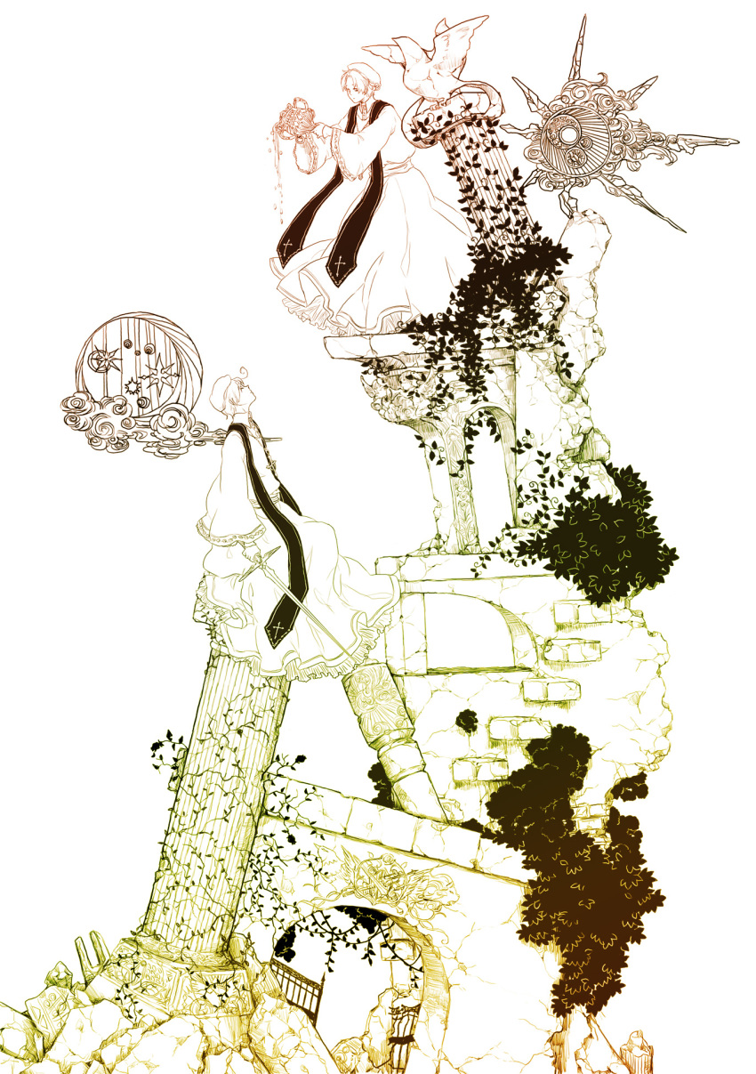 axis_powers_hetalia, bird, chalice, chuu_ni, column, cross, gradient, highres, looking_up, monochrome, northern_italy_(hetalia), pillar, pouring, ruins, southern_italy_(hetalia), statue, sword, vines, weapon