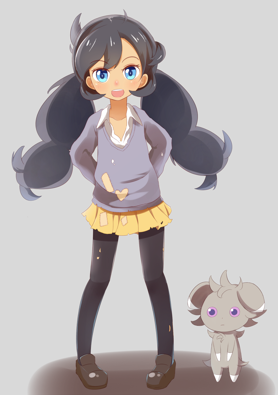 1girl, arms_behind_back, black_hair, blue_eyes, cupen, espurr, highres, long_hair