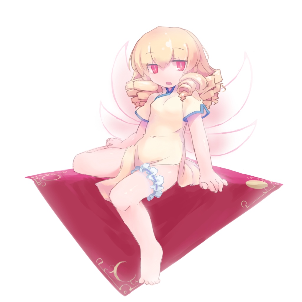 alternate_costume, bare_legs, barefoot, blonde_hair, china_dress, chinese_clothes, drill_hair, luna_child, moroheiya_(takushiage), no_hat, open_mouth, red_eyes, short_hair, simple_background, sitting, touhou, white_background, wings