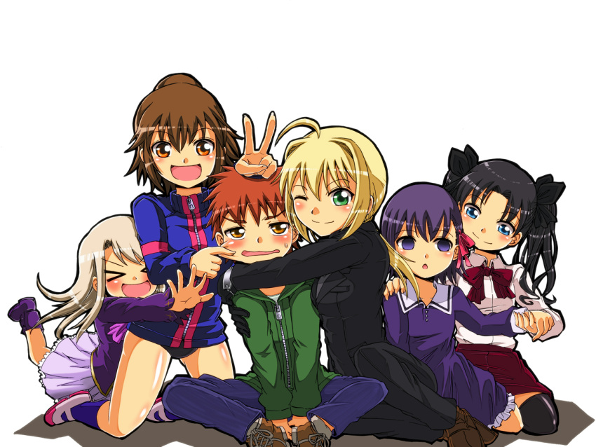 >_<, 1boy, 5girls, artoria_pendragon_(all), black_hair, blonde_hair, blush, brown_hair, child, emiya_shirou, empty_eyes, fate/zero, fate_(series), fujimura_taiga, glomp, hug, illyasviel_von_einzbern, matou_sakura, orange_hair, panties, purple_hair, saber, teenage, tohsaka_rin, toosaka_rin, v, white_hair, wink, younger, zatou_(kirsakizato)
