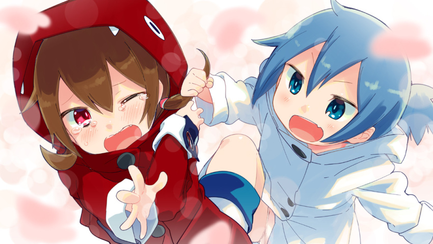 blue_eyes, blue_hair, child, hair_grab, hoodie, mizu_asato, red_eyes, snow