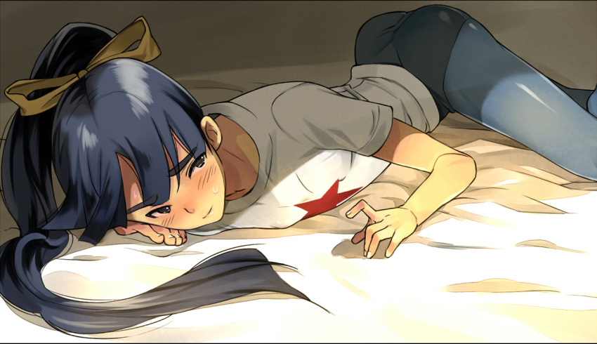 1boy, all_fours, ass, bangs, black_hair, blue_legwear, blush, bow