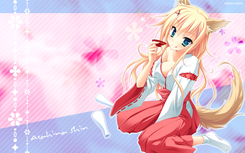 1girl, :q, alcohol, animal_ears, asahina_shin, blonde_hair, blue_eyes, breasts