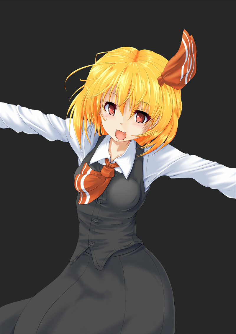 1girl, black_background, blonde_hair, blush, breasts, fang, hair_ribbon, nokishita_kumoemon