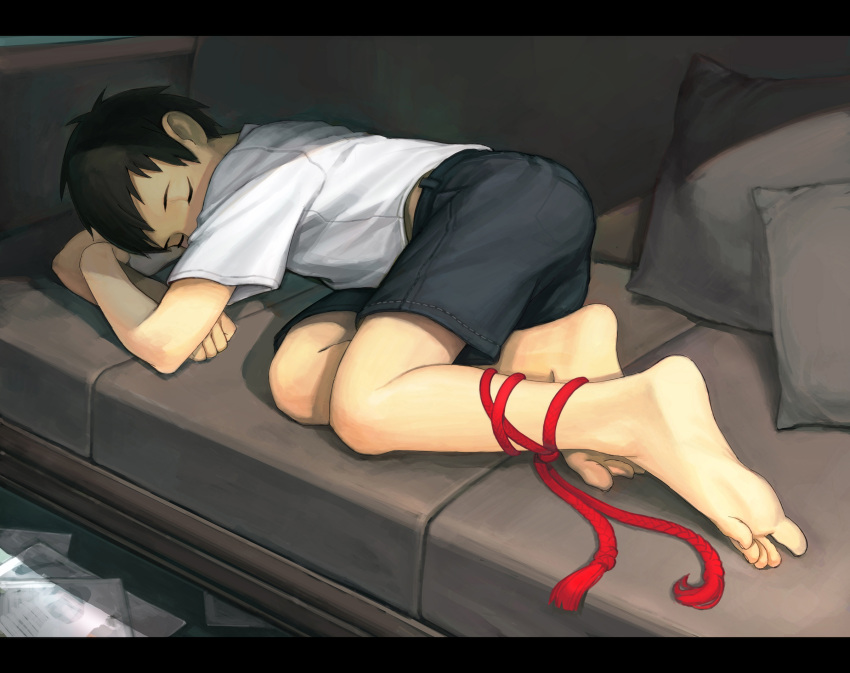 1boy, barefoot, black_hair, blockun, closed_eyes, couch, highres, male