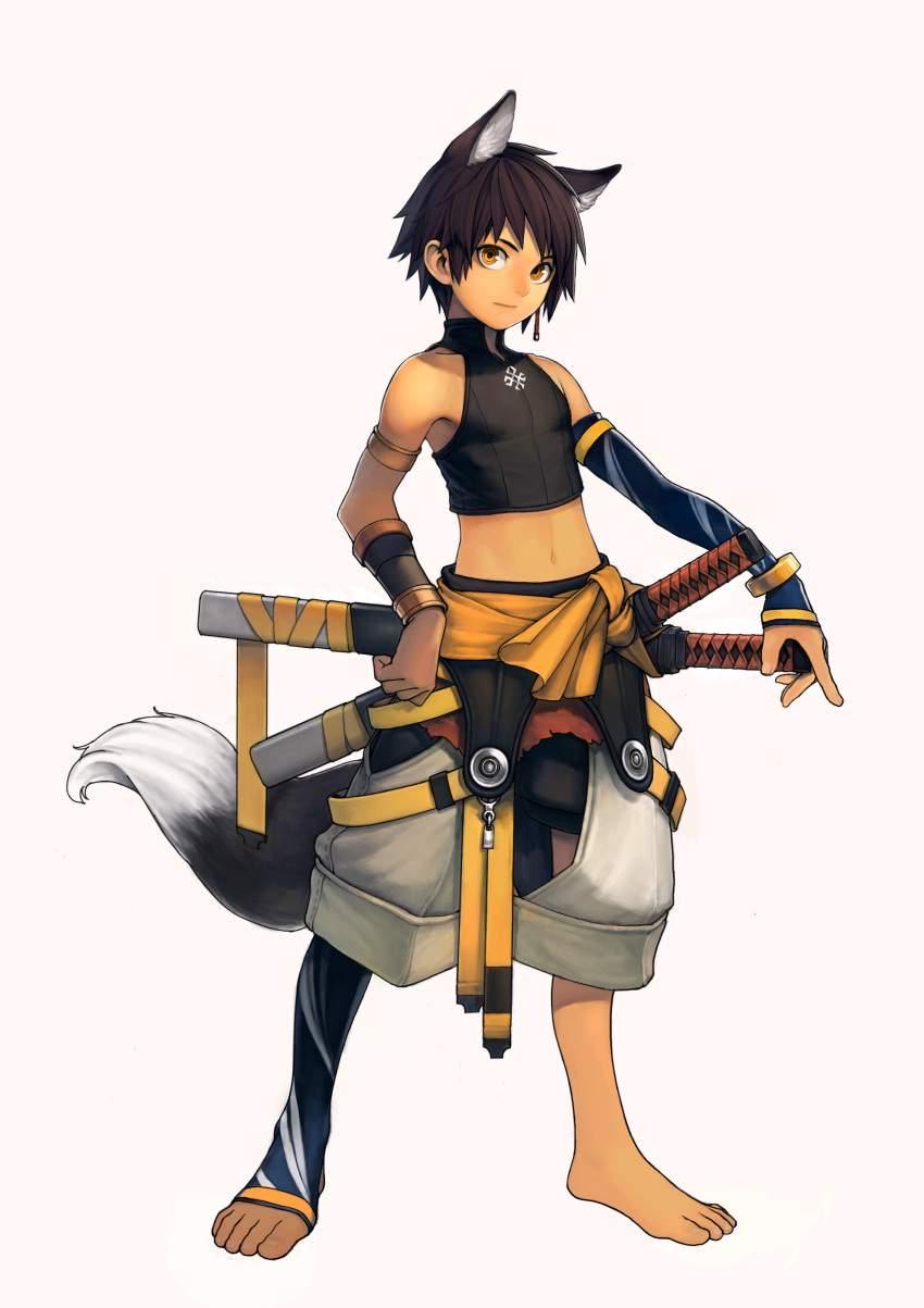 1boy, absurdres, animal_ears, barefoot, black_hair, blockun, cargo_pants, fox_ears, fox_tail, highres, male, midriff, navel, original, short_hair, solo, sword, tail, tank_top, weapon, yellow_eyes