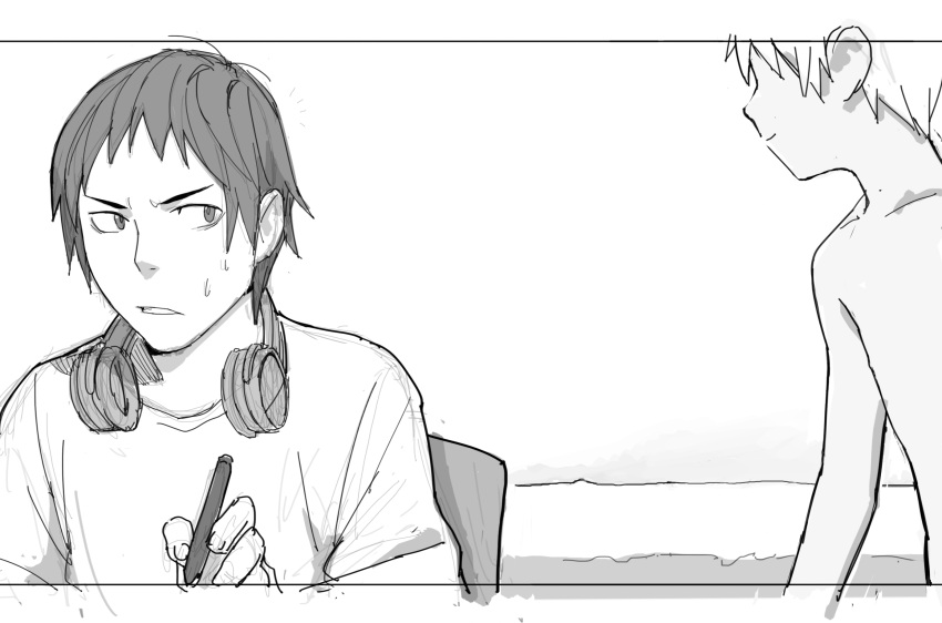 2boys, blockun, headphones, highres, male, monochrome, multiple_boys, nude