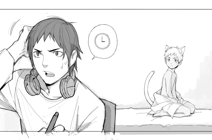 2boys, animal_ears, blockun, cat_ears, cat_tail, headphones, highres, male
