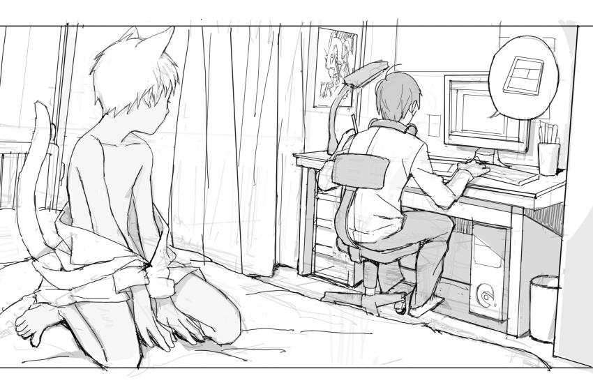2boys, animal_ears, blockun, cat_ears, cat_tail, computer, desk, highres