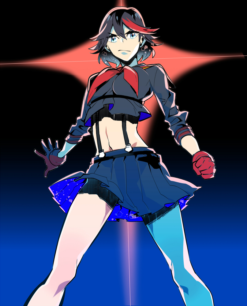 1girl, black_hair, blue_eyes, gloves, kill_la_kill, midriff, mooh, multicolored_hair