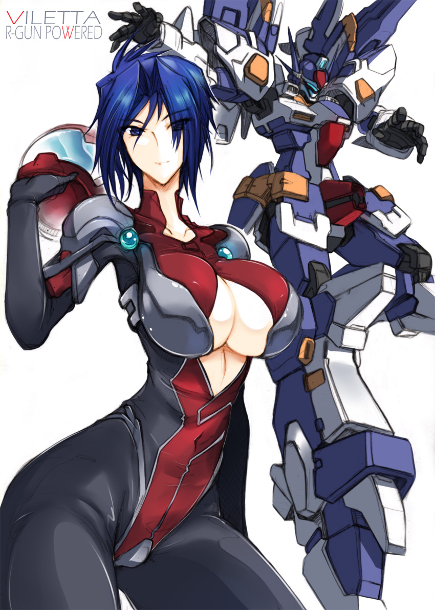 1girl, black_gloves, blue_eyes, blue_hair, bodysuit, breasts, center_opening, character_name, cleavage, clothed_navel, collarbone, eyes_visible_through_hair, gloves, haganef, hair_over_one_eye, helmet, highres, large_breasts, looking_at_viewer, mecha, pilot_suit, r-gun_powered, short_hair, simple_background, smile, super_robot_wars, super_robot_wars_original_generation, viletta_badam, white_background