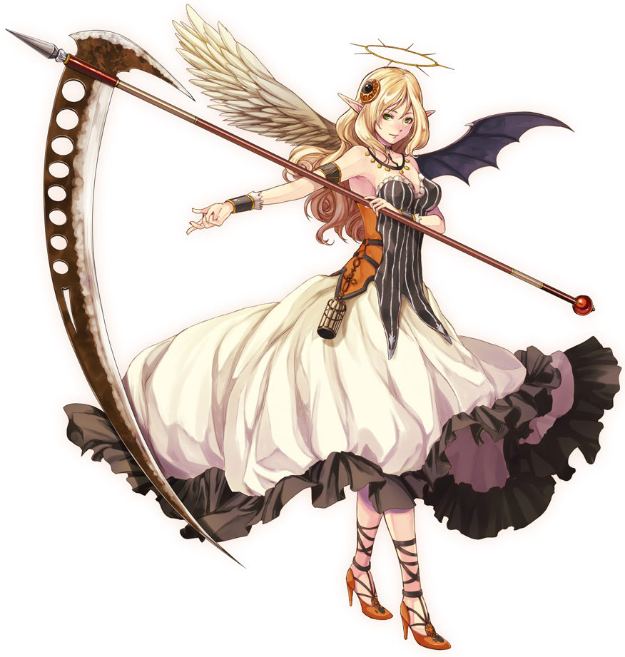 angel, angel_and_devil, angel_wings, armband, blonde_hair, cage, demon_wings, devil
