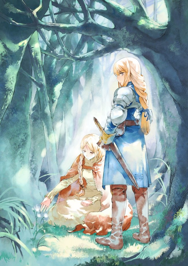 2girls, agrias_oaks, armor, blonde_hair, blue_eyes, braid, breasts, brown_eyes