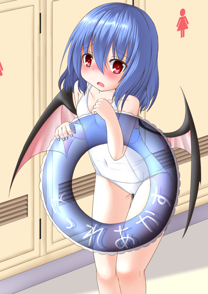 1girl, bat_wings, blue_hair, highres, innertube, locker_room, red_eyes, remilia_scarlet
