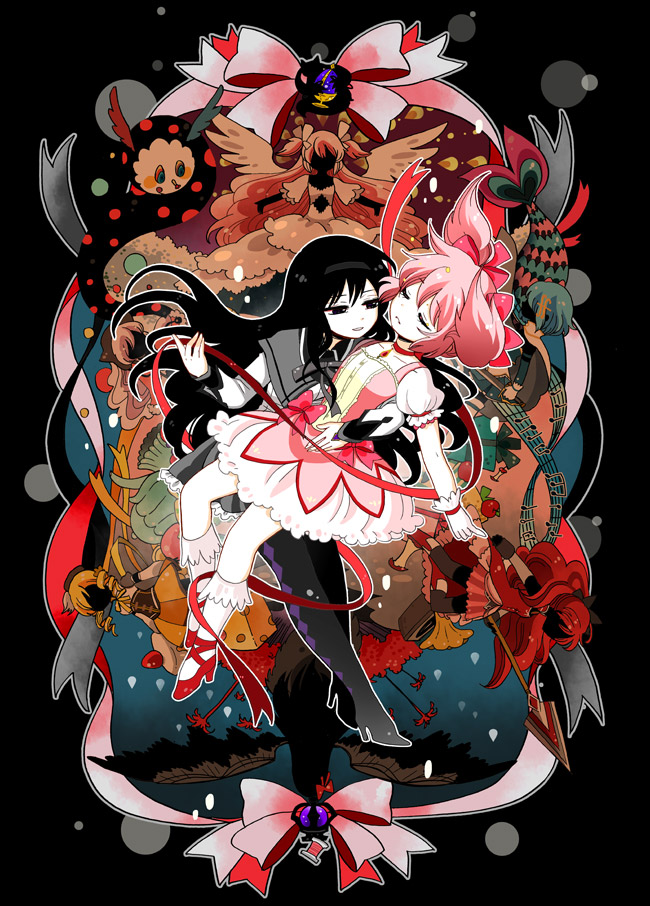 6+girls, akemi_homura, beret, black_eyes, black_hair, blonde_hair, blue_hair, capelet