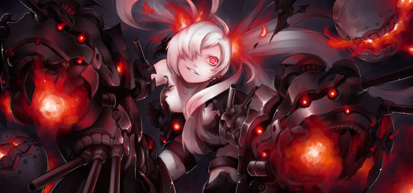 1girl, breasts, character_request, cleavage, gauntlets, glowing, hair_over_one_eye, kantai_collection