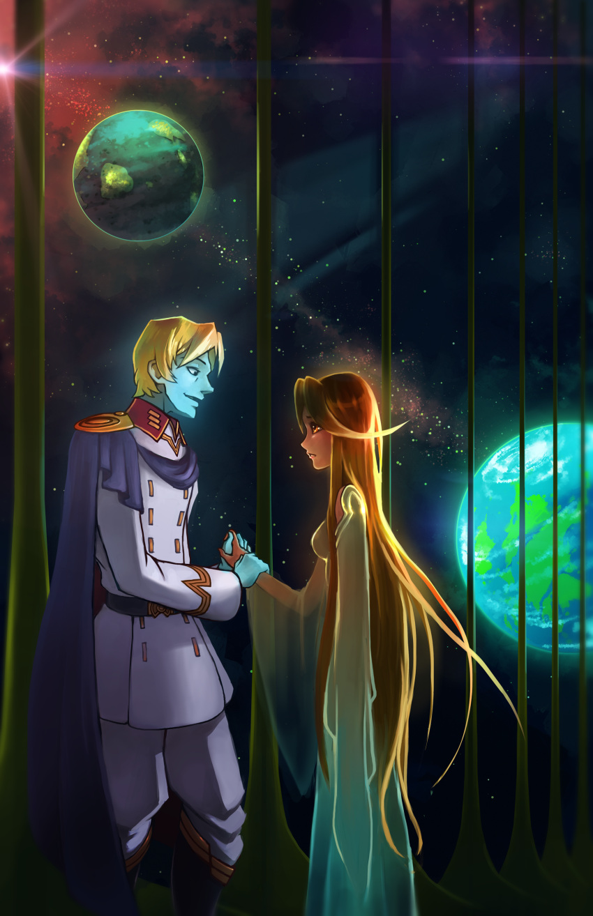 1boy, 1girl, absurdres, blonde_hair, blue_skin, brown_eyes, brown_hair, cape