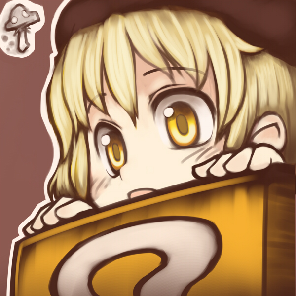 ?_block, blonde_hair, blush, hat, kakkou_(su), mushroom, peeking_out, yellow_eyes