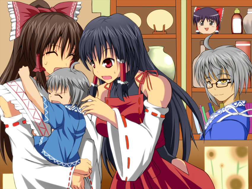 2boys, 2girls, ahoge, black_hair, bow, brown_hair, child, detached_sleeves