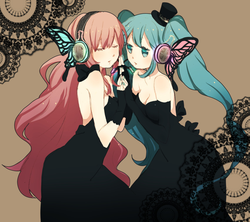 absurdres, aqua_eyes, aqua_hair, bare_shoulders, black_dress, butterfly_hair_ornament, butterfly_wings, dress