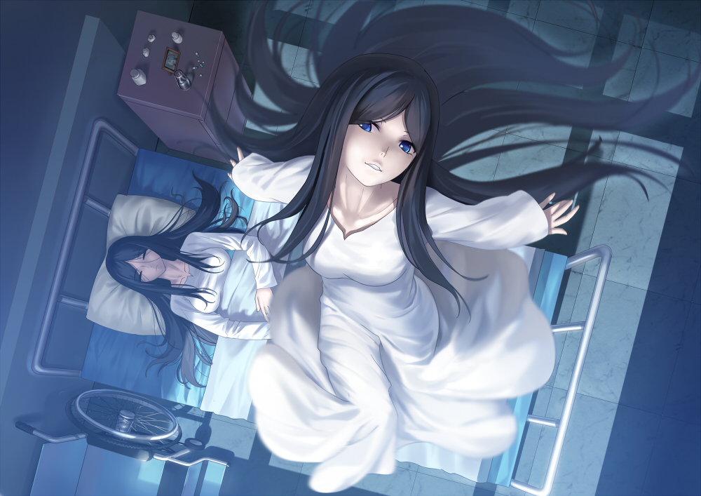 bed, black_hair, blue_eyes, closed_eyes, collarbone, dual_persona, floating, from_above