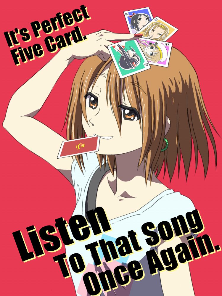 1girl, akiyama_mio, brown_eyes, brown_hair, card, hirasawa_yui, k-on!, kotobuki_tsumugi, listen!!, mouth_hold, nakano_azusa, paranopoda, short_hair, tainaka_ritsu