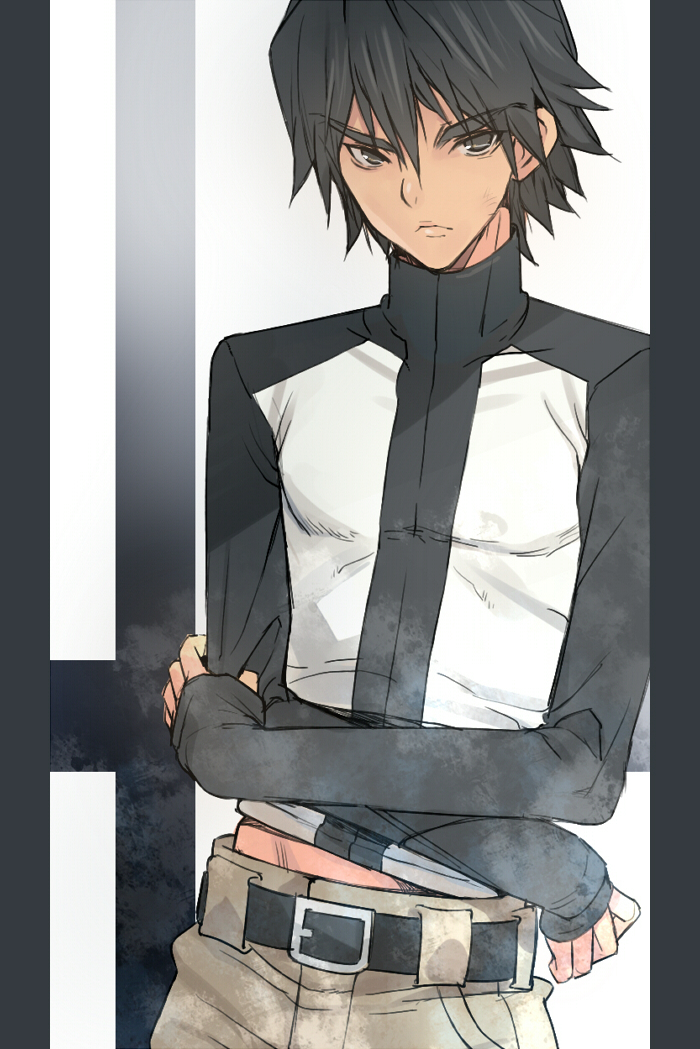 >:<, 1boy, against_wall, belt, black_hair, cross, crossed_arms, high_collar