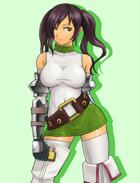 bare_shoulders, belt, breasts, brown_hair, gauntlets, komo-ikenoko, lily_(radiata_stories), lock