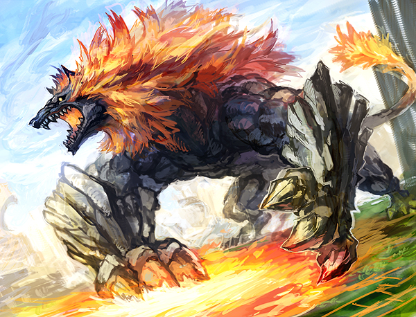 aragami, claws, fire, garm_(god_eater), god_eater, god_eater_2, inadaokiki, mane