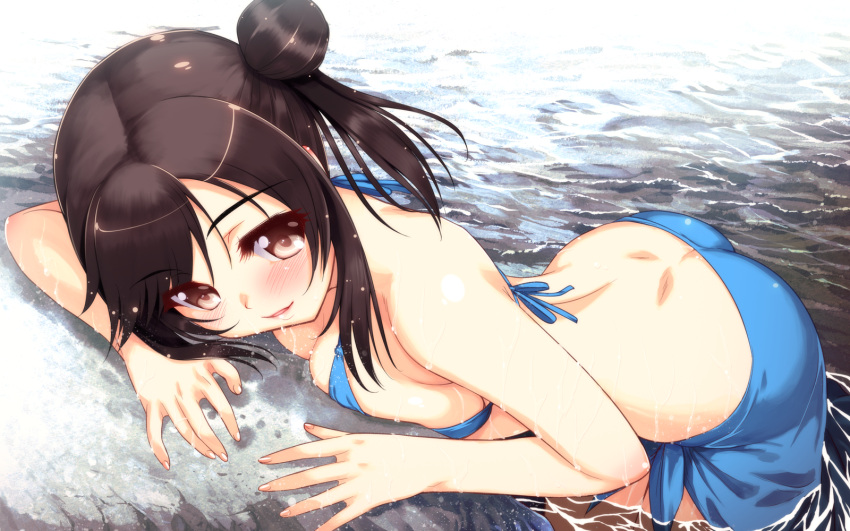 1girl, back_dimples, bikini, black_hair, brown_eyes, hair_bun, highres, ichijou_hotaru