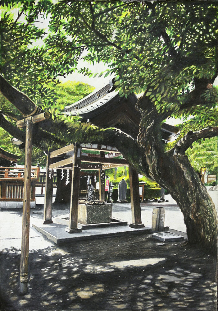 east_asian_architecture, moss, no_humans, original, realistic, ryota884, scenery, shide, shinto, shrine, stone_lantern, tree