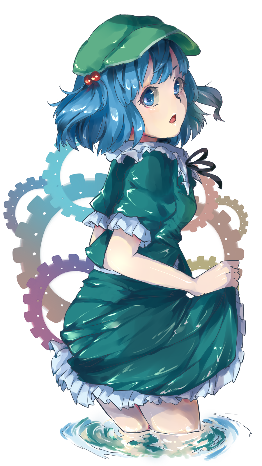 1girl, between_legs, blue_eyes, blue_hair, blush, chishibuki_hiyoko, dress, frilled_skirt