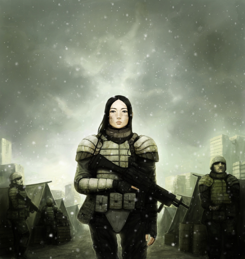 black_eyes, black_hair, fingerless_gloves, gloves, gun, highres, lips, original
