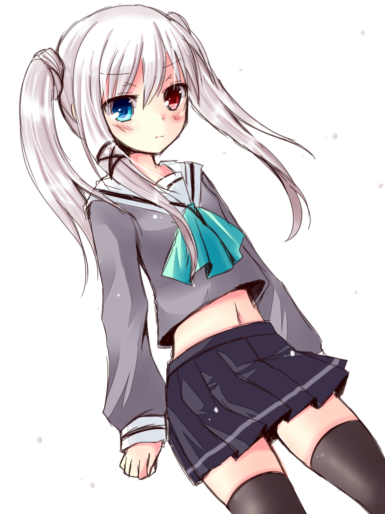1girl, black_legwear, blue_eyes, blush, dutch_angle, long_hair, meiya_neon, midriff
