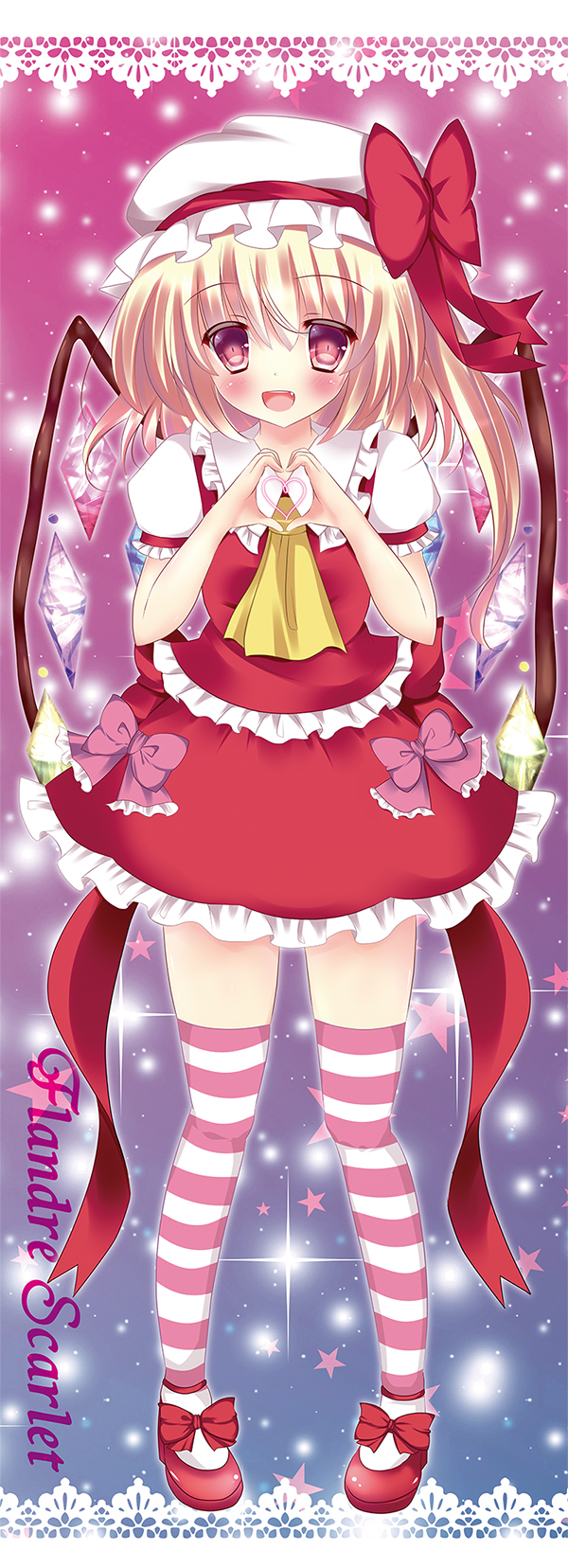 1girl, ascot, blonde_hair, bow, flandre_scarlet, hat, hat_bow, heart