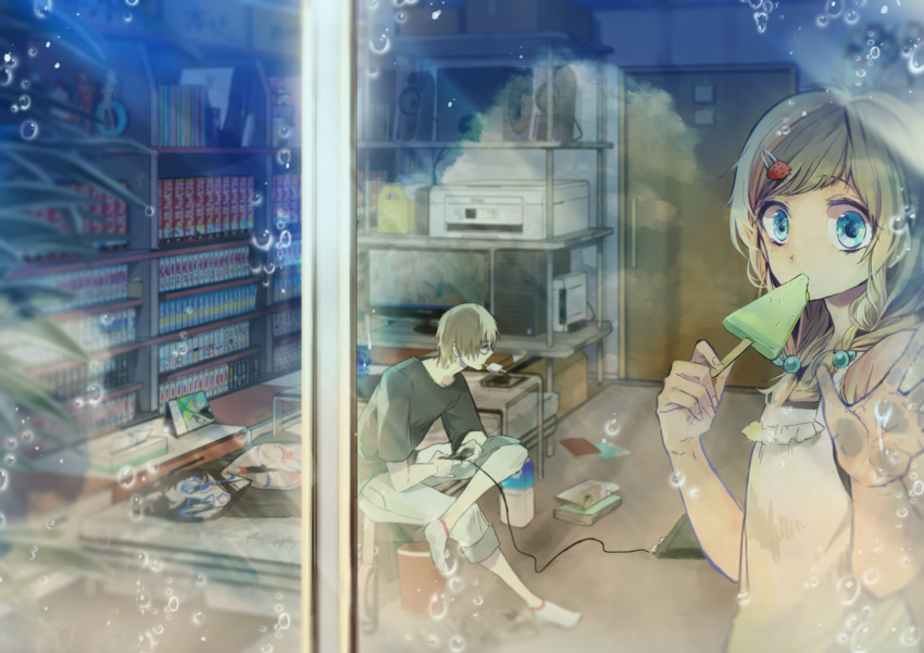 1boy, 1girl, aquarius_(drink), bed, bedroom, blonde_hair, book, bookshelf
