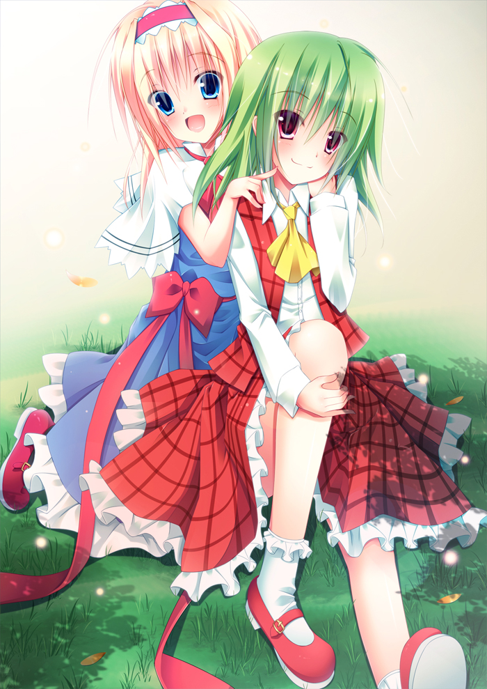 2girls, akane_hazuki, alice_margatroid, ankle_socks, ascot, blonde_hair, blue_eyes, capelet, dress, finger_to_cheek, fireflies, gradient, gradient_background, grass, green_hair, hairband, hand_on_own_shoulder, head_tilt, kazami_yuuka, knee_up, kneeling, lolita_hairband, long_sleeves, looking_at_viewer, mary_janes, multiple_girls, open_mouth, plaid, plaid_skirt, plaid_vest, red_eyes, ribbon, shade, shoes, short_hair, skirt, smile, touhou
