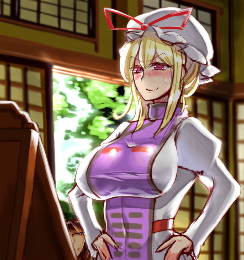 1girl, blonde_hair, blush, bow, breasts, chen, hands_on_hips, hat