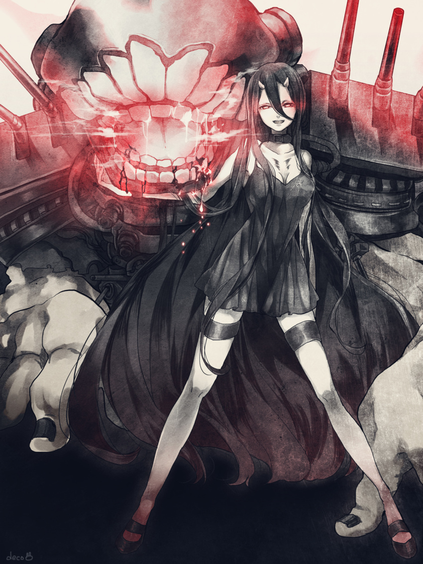 1girl, battleship-symbiotic_hime, black_hair, breasts, cleavage, deco, glowing, glowing_eyes, highres, horns, kantai_collection, long_hair, oni_horns, pale_skin, red_eyes, saliva, shinkaisei-kan